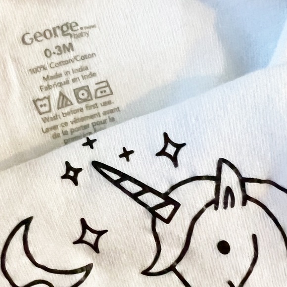 George Baby- Size 0-3 mos, unisex onesie, white w/unicorn - Picture 3 of 3